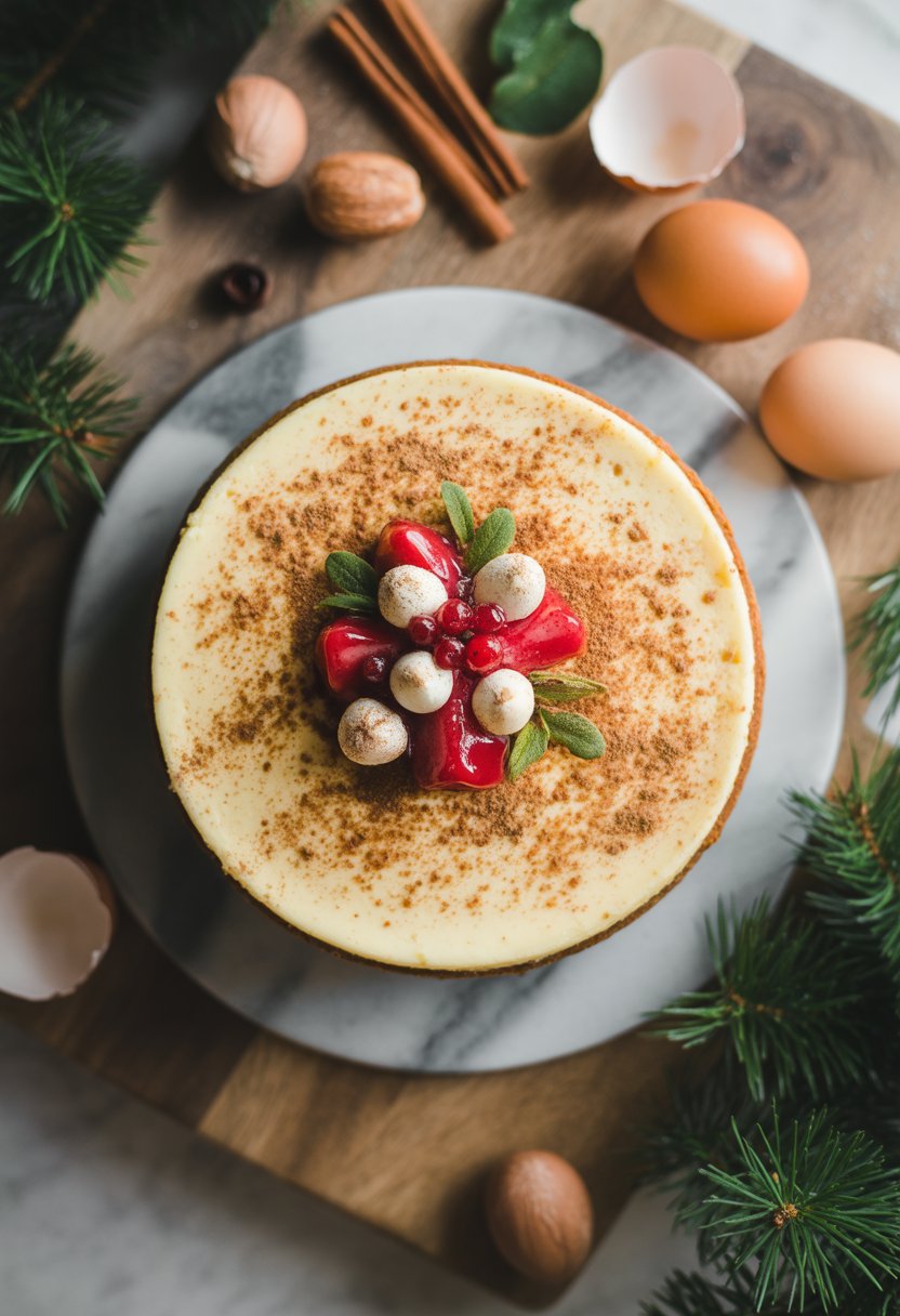 A creamy eggnog cheesecake on a rustic surface surrounded by festive ingredients like nutmeg and cinnamon sticks.