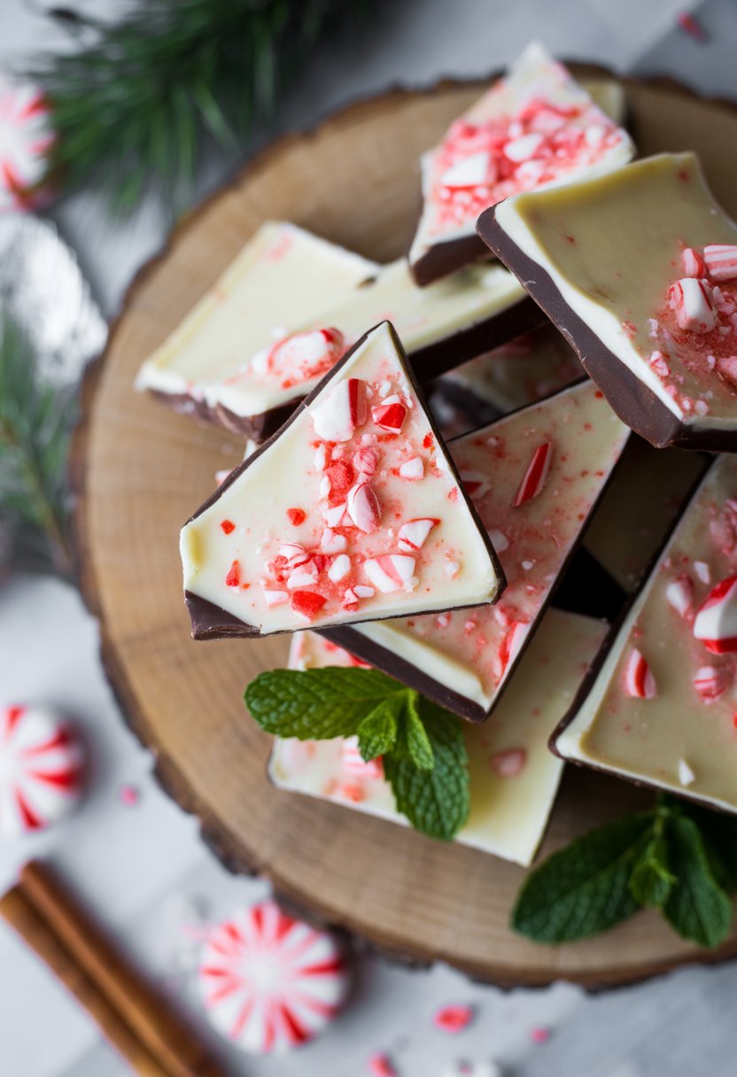 Close-up of peppermint bark pieces with crushed candy canes on a wooden surface, surrounded by mint leaves and holiday decorations.