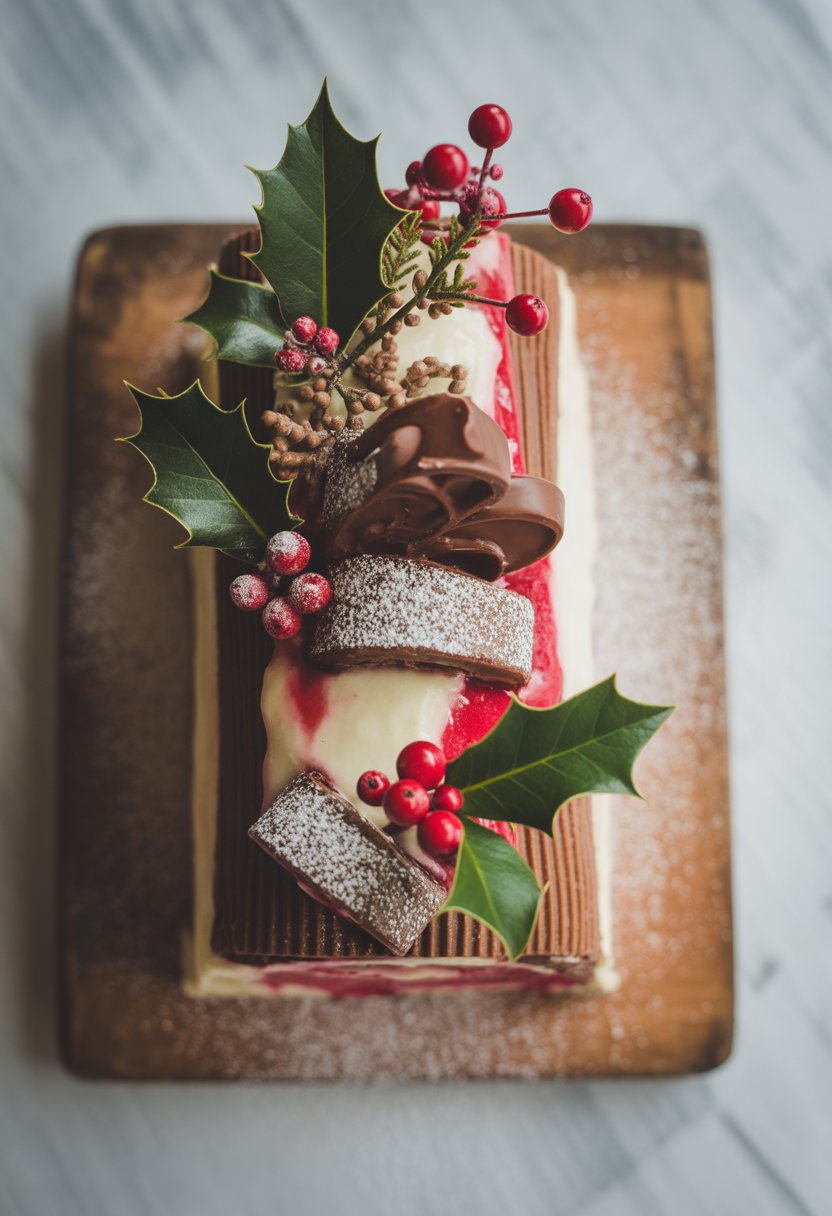 A classic Yule Log cake decorated with holly leaves and red berries on a rustic surface, surrounded by festive ingredients.