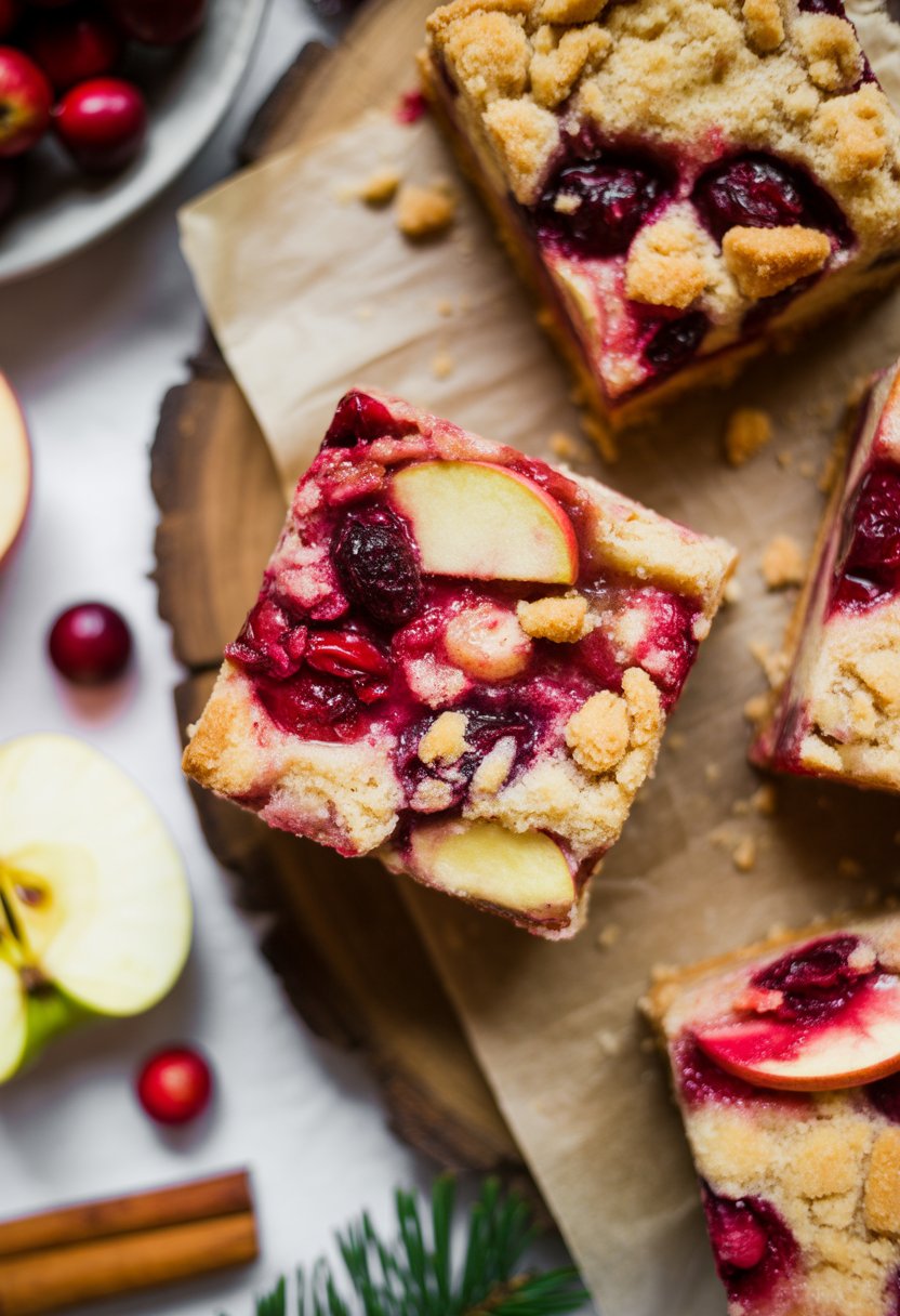 Close-up of cranberry-apple streusel bars on a rustic surface with fresh cranberries and apple slices around them.
