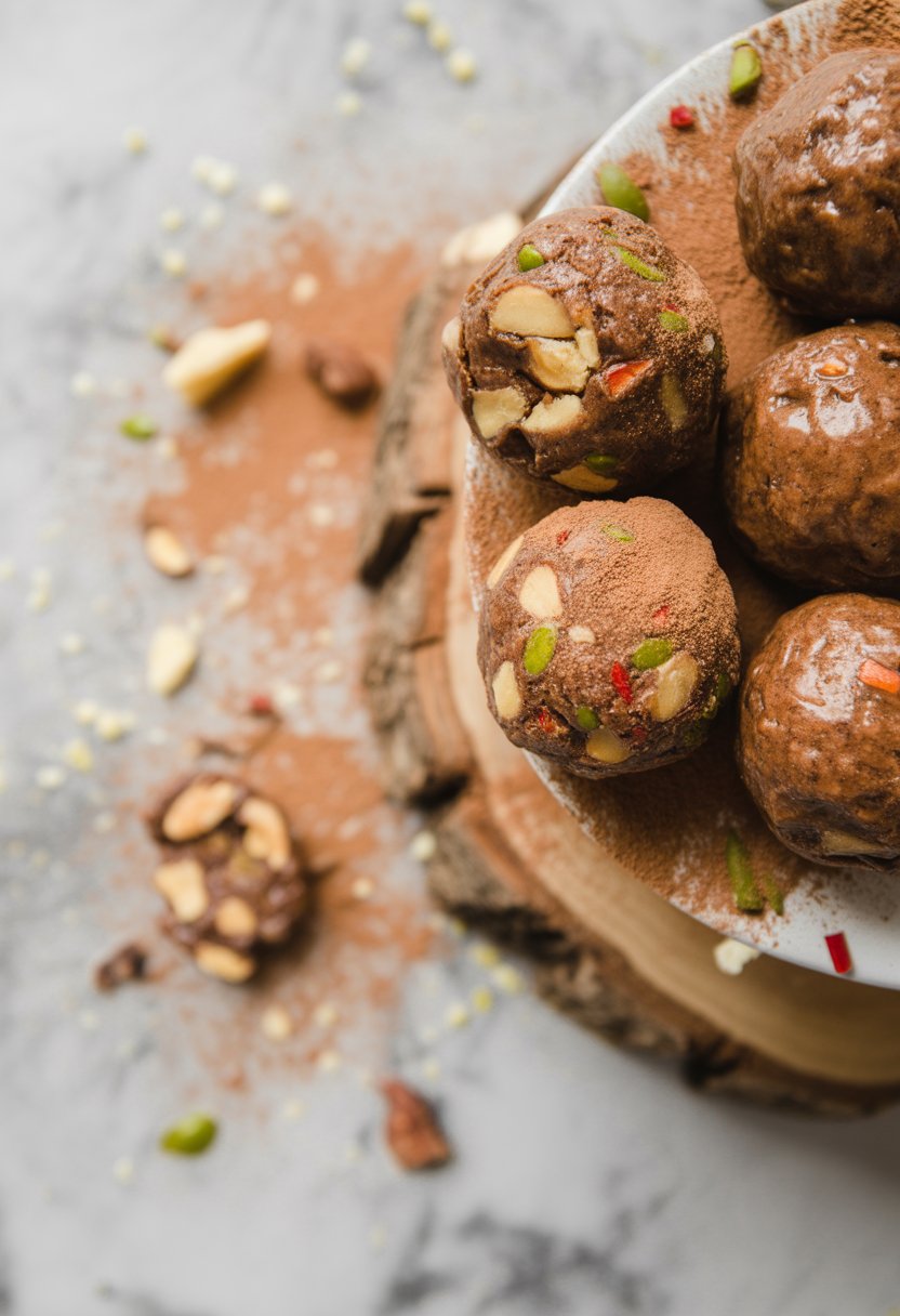 Close-up of boozy bourbon balls on a rustic wood surface with scattered nuts and cocoa powder, softly blurred background.