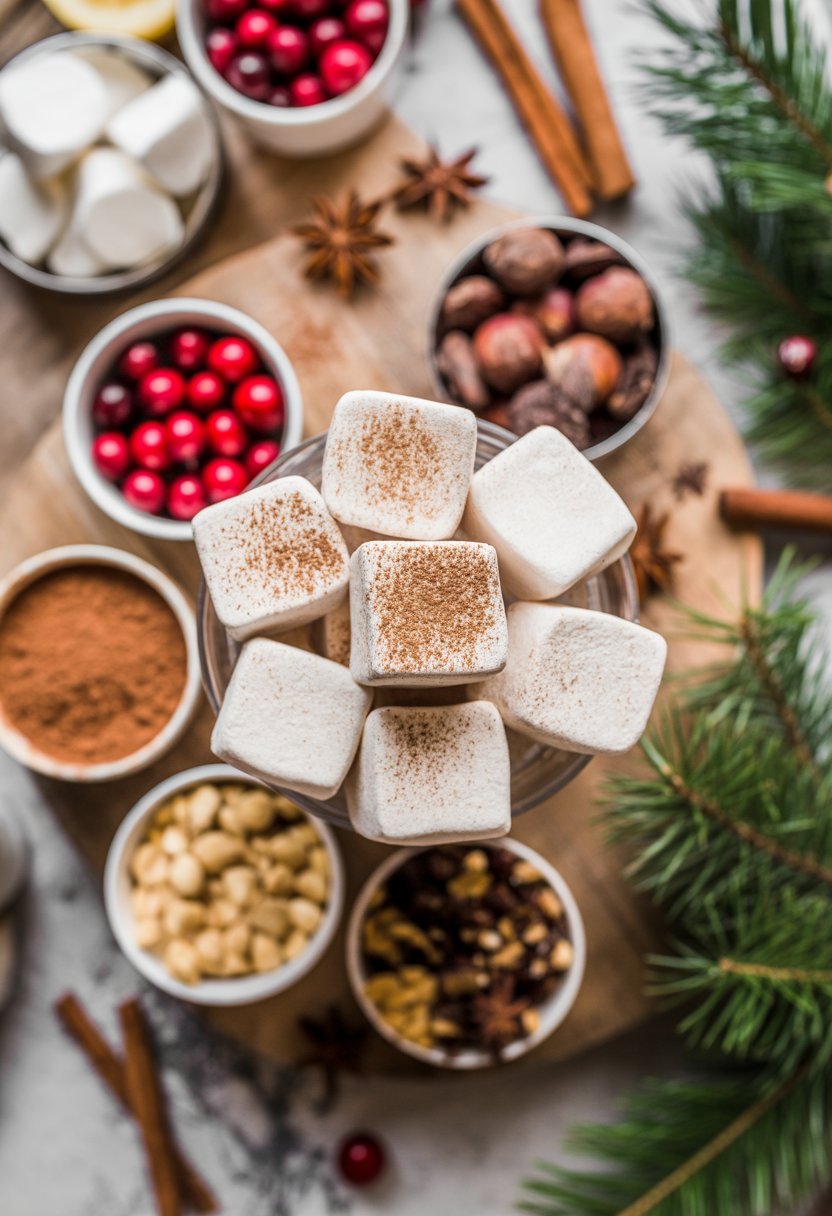 A festive arrangement of homemade marshmallows and Christmas desserts on a rustic surface with seasonal spices and garnishes.