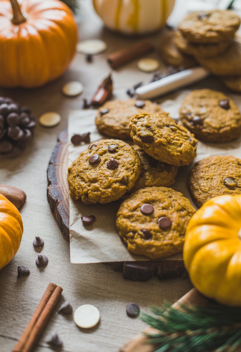 A plate of pumpkin chocolate chip oatmeal cookies surrounded by pumpkins and cinnamon sticks on a rustic wood surface.
