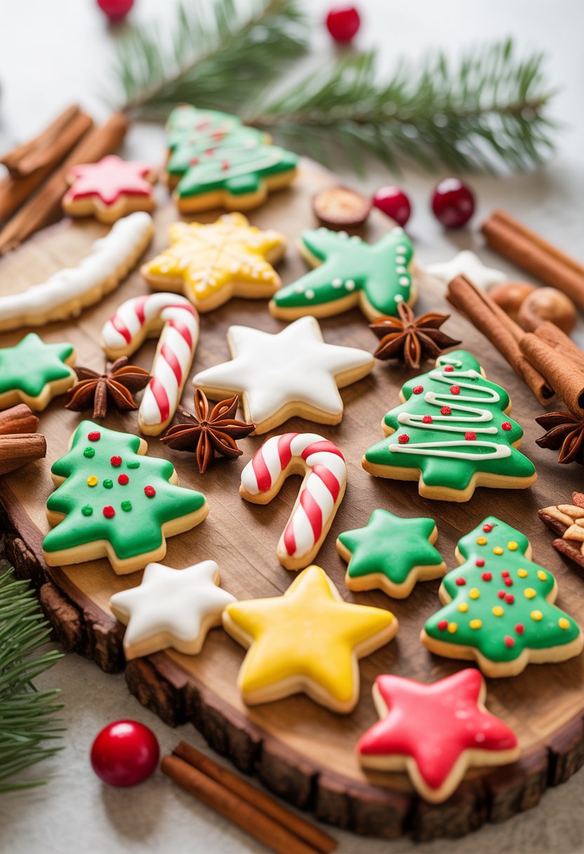 A plate of decorated Christmas sugar cookies surrounded by holiday spices and fresh cranberries on a rustic wooden surface.