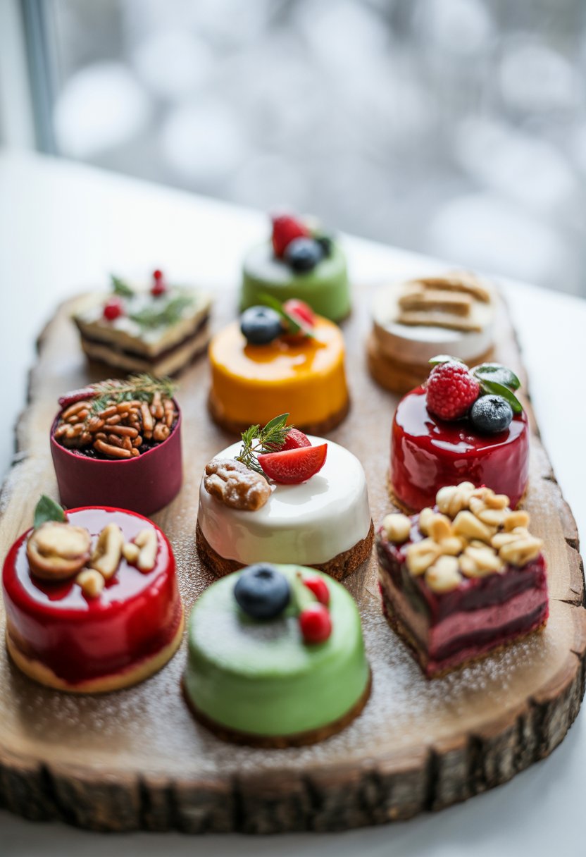 A festive arrangement of nine colorful Christmas desserts on a rustic surface with fresh ingredients and bright natural lighting.