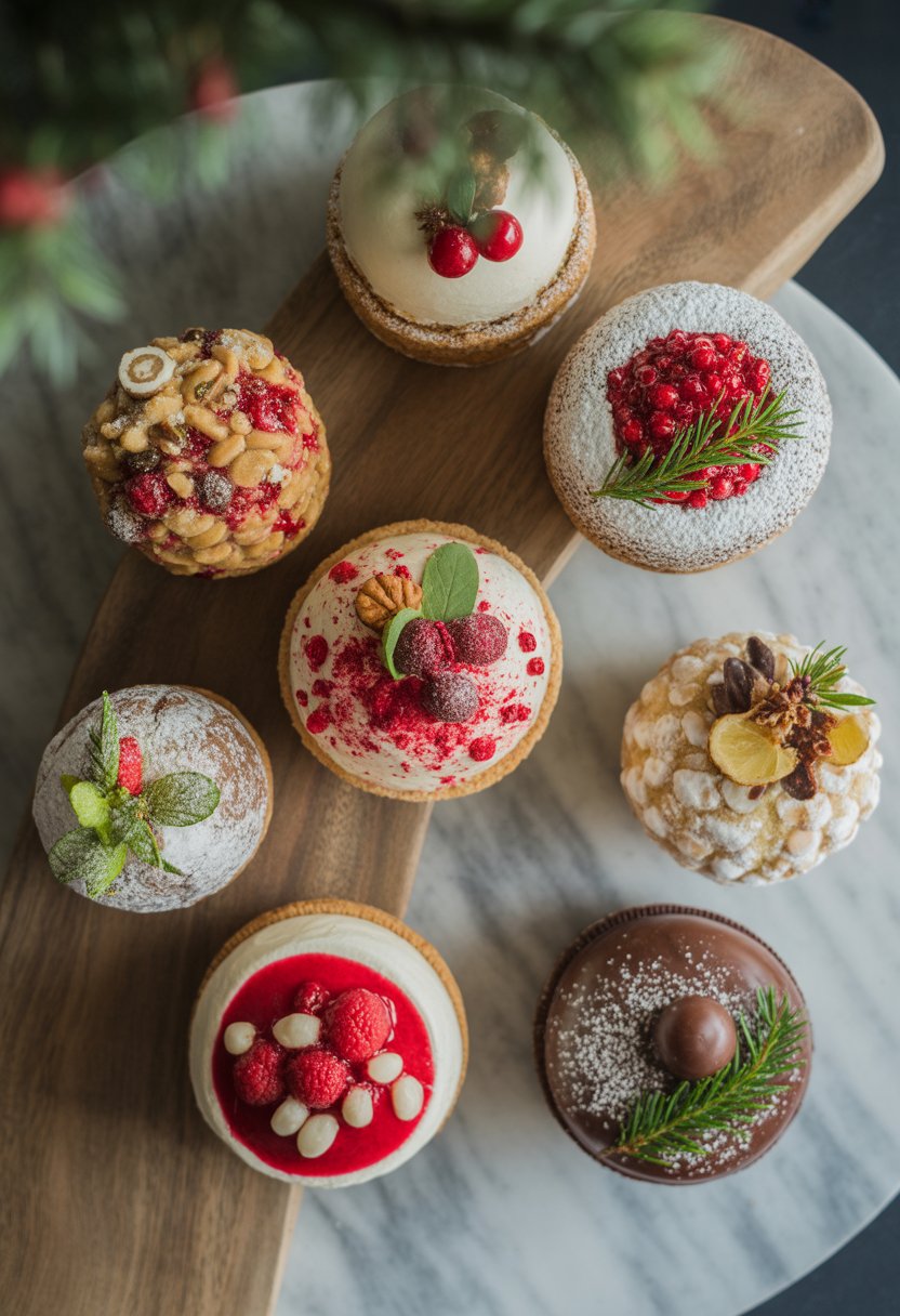 Nine assorted Christmas desserts arranged on rustic wood and marble surfaces with bright natural light highlighting their colors and textures.