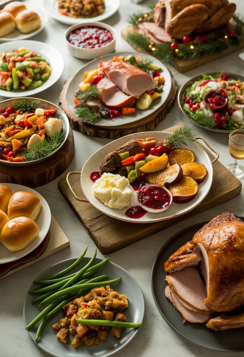 A festive Christmas dinner table with ten different dishes including turkey, ham, vegetables, and dessert, arranged on wood and marble surfaces.