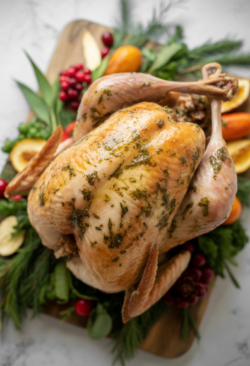 A roasted turkey with herb butter surrounded by fresh vegetables and herbs on a wooden or marble surface.