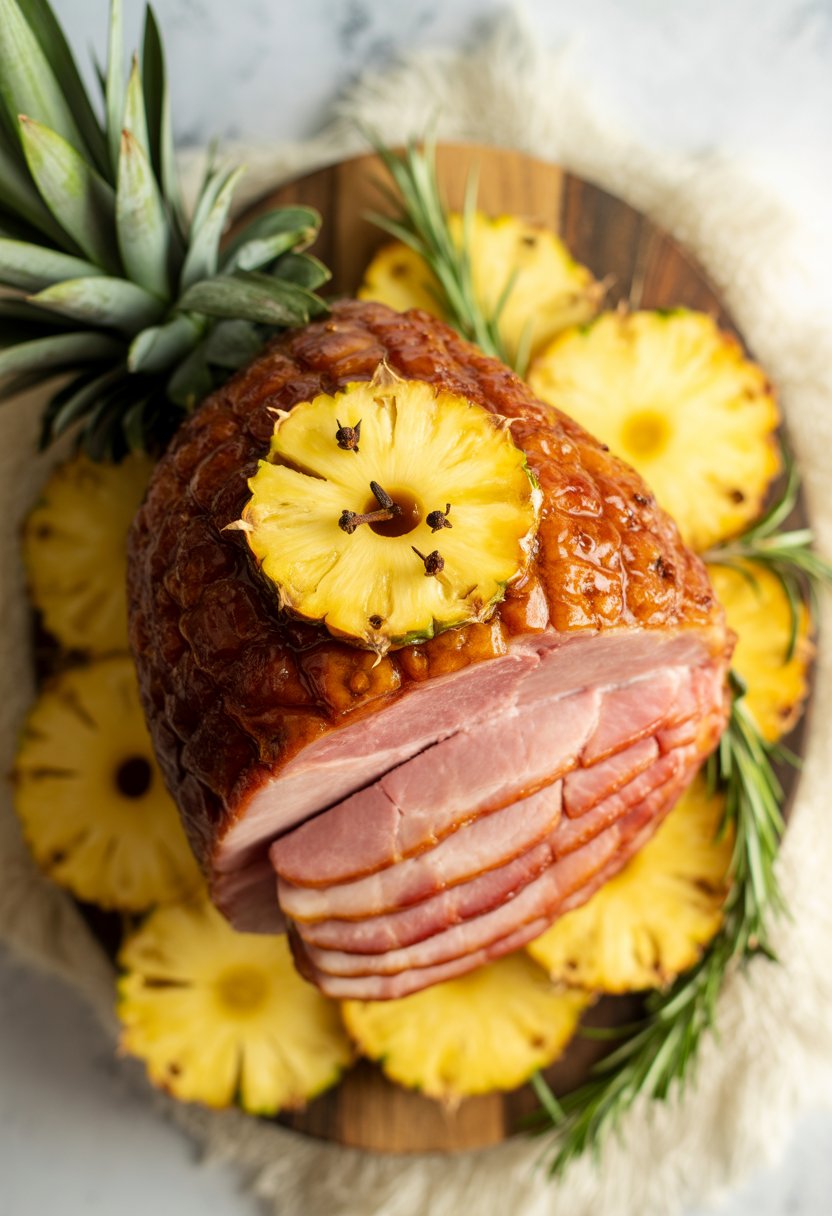 A honey-glazed ham garnished with pineapple slices and rosemary on a rustic surface, with a blurred background.