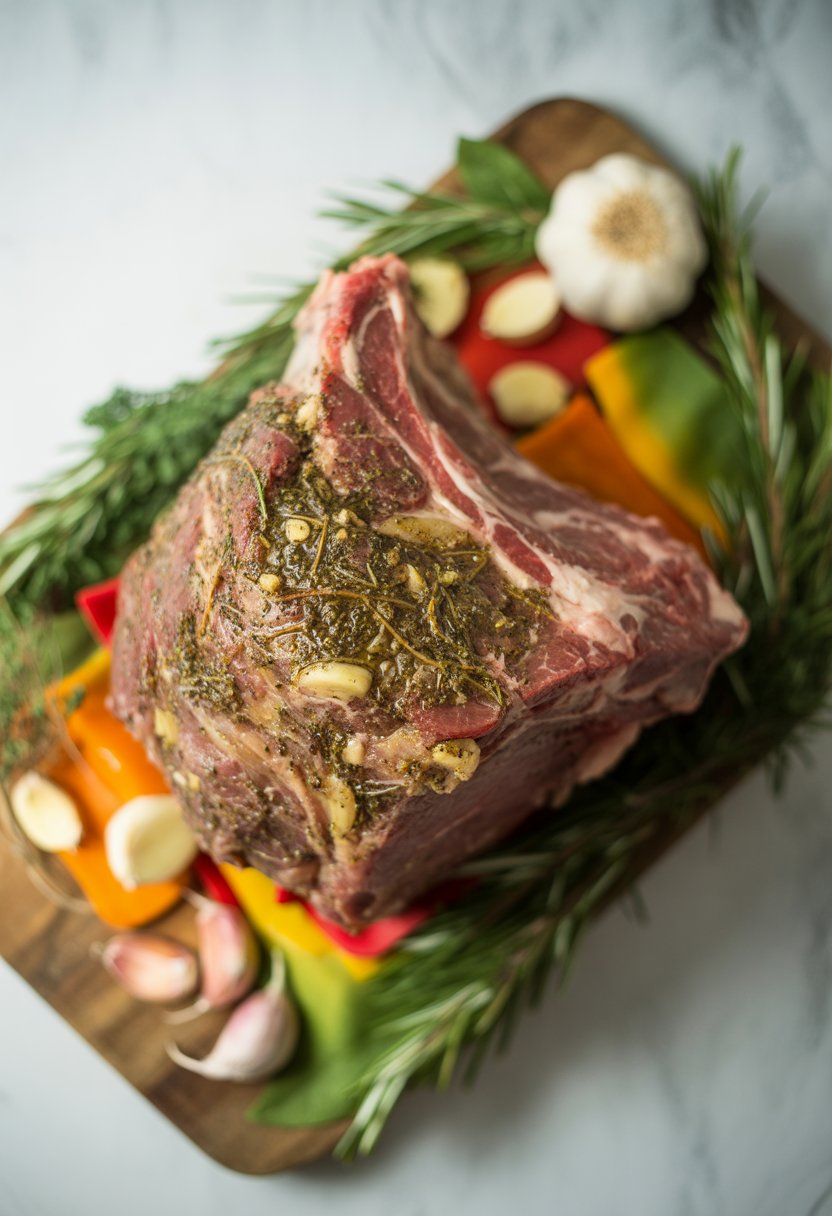 A prime rib roast seasoned with garlic and rosemary on a wooden or marble surface, surrounded by fresh herbs and vegetables.