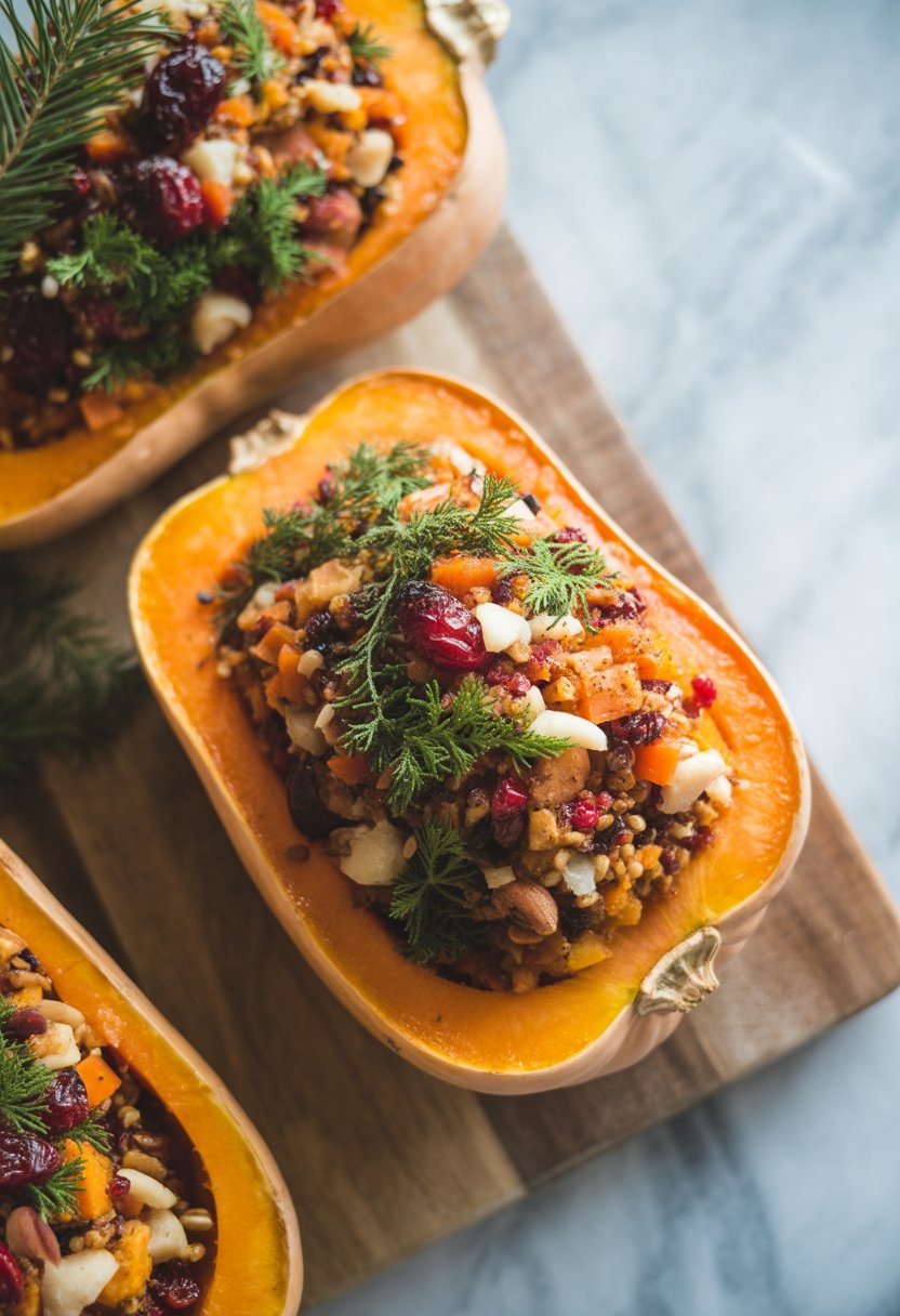 A festive stuffed butternut squash dish with colorful fresh ingredients on a wooden or marble surface, surrounded by blurred Christmas dinner elements.