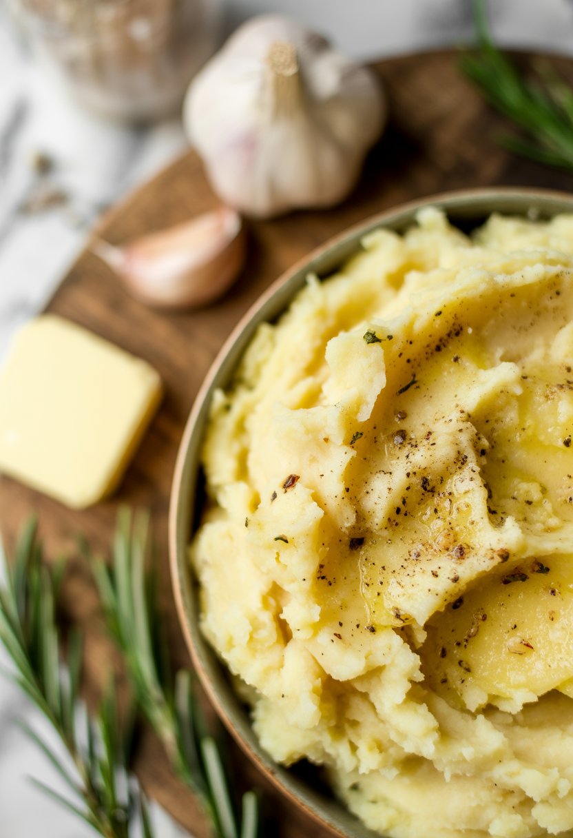 A bowl of creamy garlic mashed potatoes on a rustic surface, surrounded by fresh garlic, rosemary, and butter.