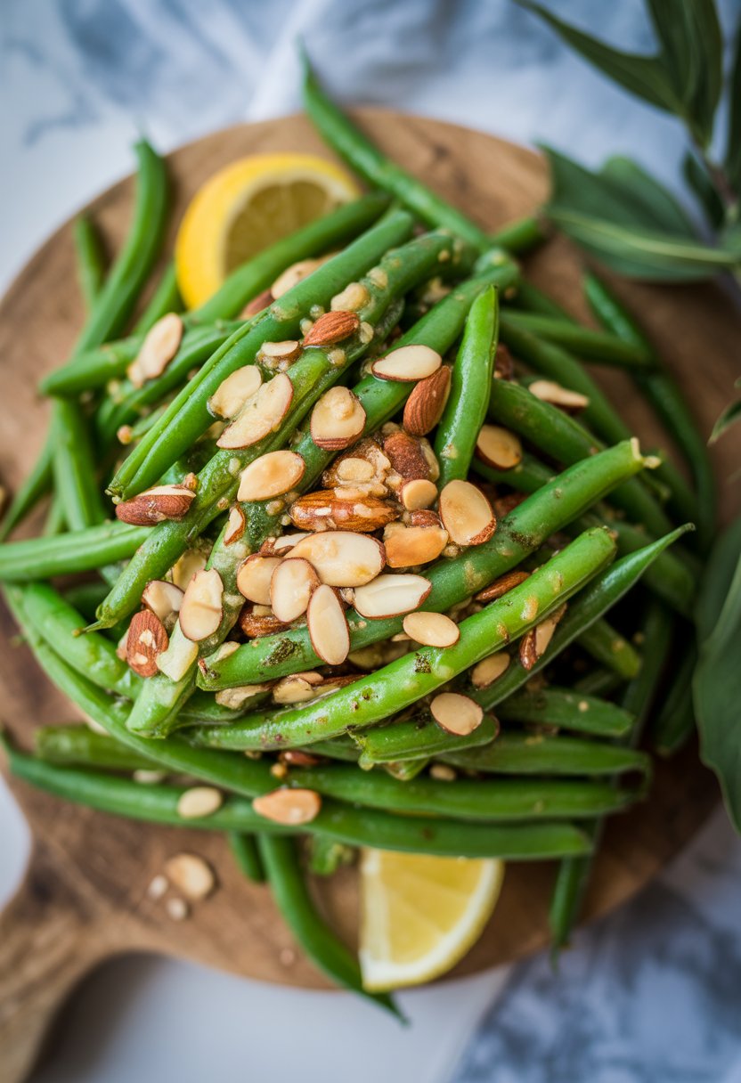 A plate of green bean almondine with toasted almonds on a rustic surface, surrounded by fresh ingredients.
