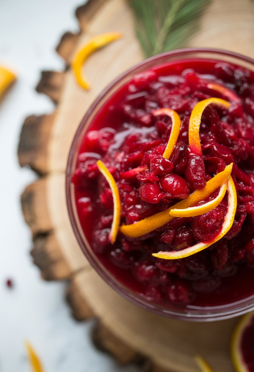 A bowl of cranberry sauce with orange zest on a rustic wood surface, surrounded by fresh cranberries and orange peel.