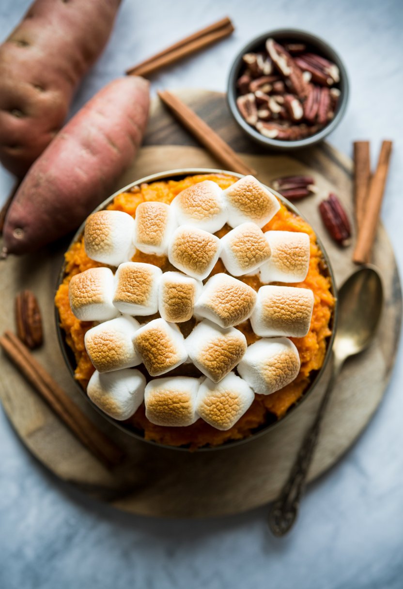 Top-down view of a sweet potato casserole topped with toasted marshmallows on a rustic table, surrounded by fresh sweet potatoes, cinnamon sticks, and chopped pecans.