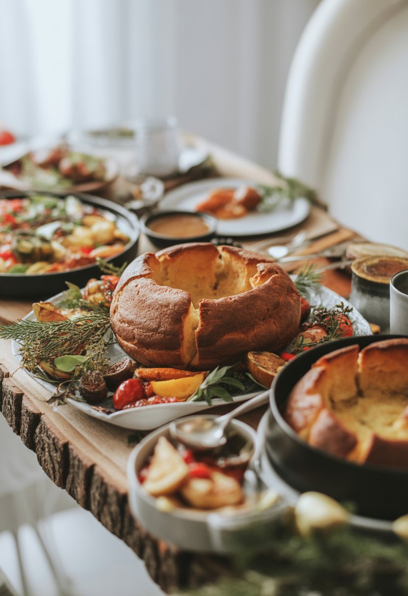 A Yorkshire pudding surrounded by Christmas dinner dishes, including roasted vegetables and herbs, on a rustic wooden surface.