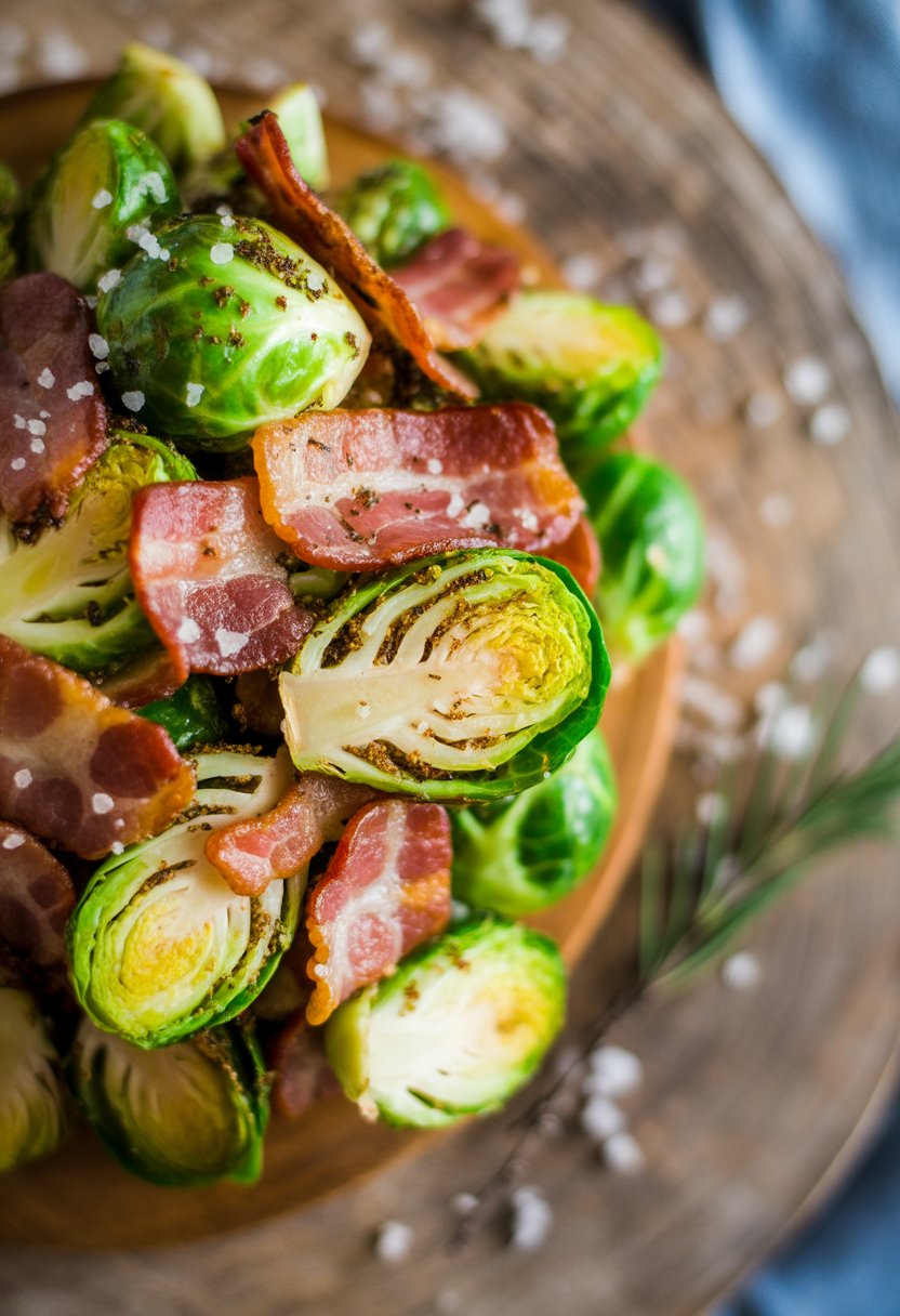 A plate of roasted Brussels sprouts with crispy bacon on a rustic wooden surface, garnished with herbs.