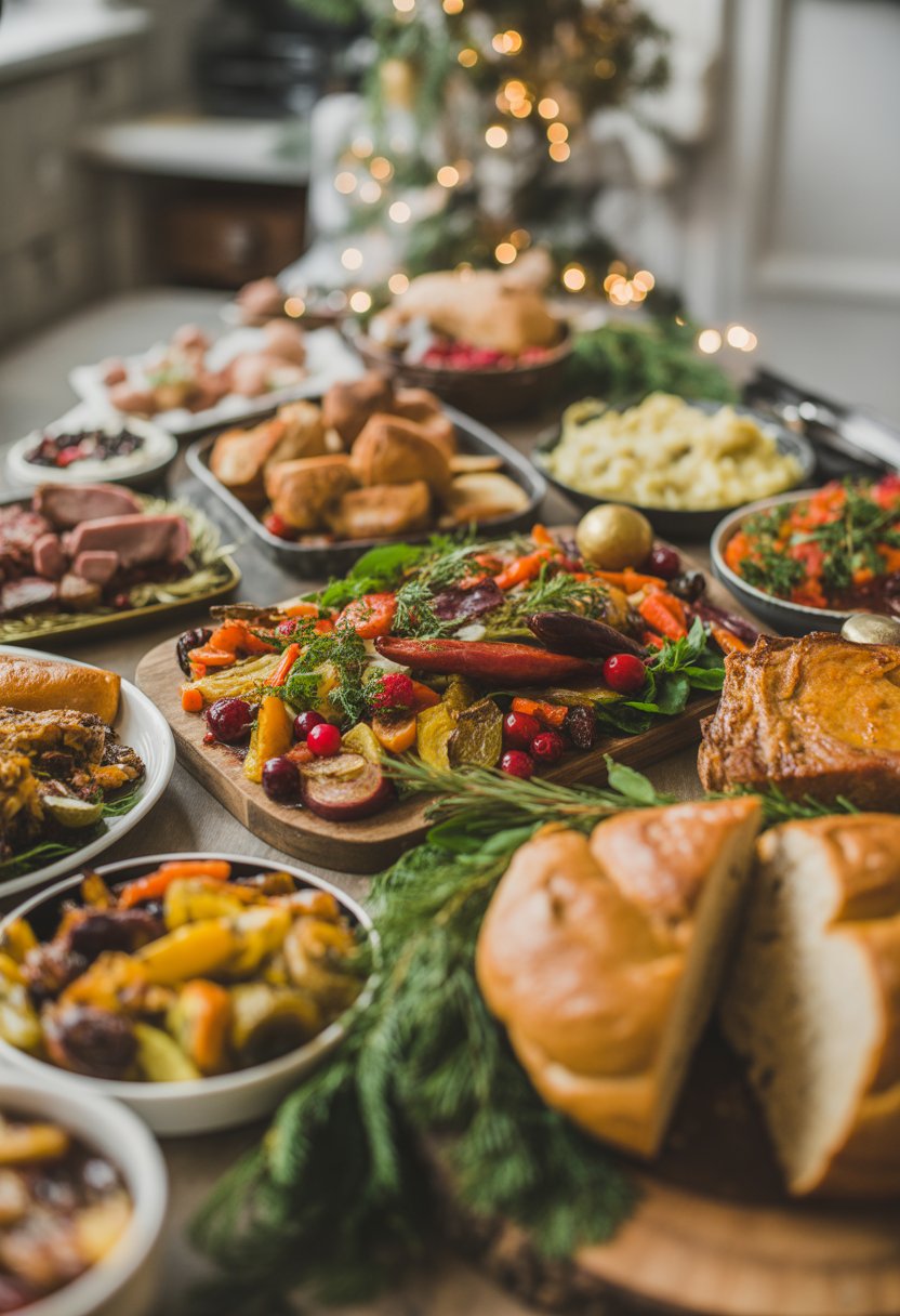 A festive Christmas dinner spread with roasted meats, vegetables, side dishes, and fresh herbs arranged on a rustic surface.