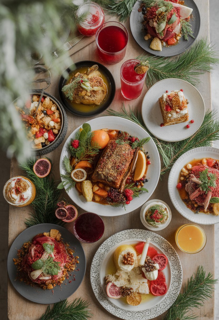 A festive Christmas meal spread with various dishes, desserts, and drinks arranged on a rustic surface, surrounded by fresh ingredients.