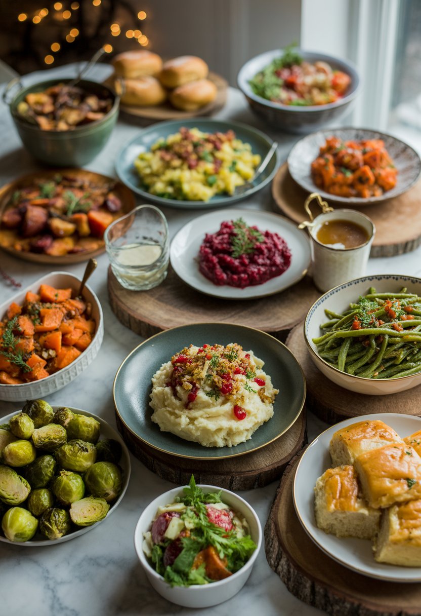 A top-down view of 11 different Christmas dinner side dishes arranged on rustic wood and marble surfaces.