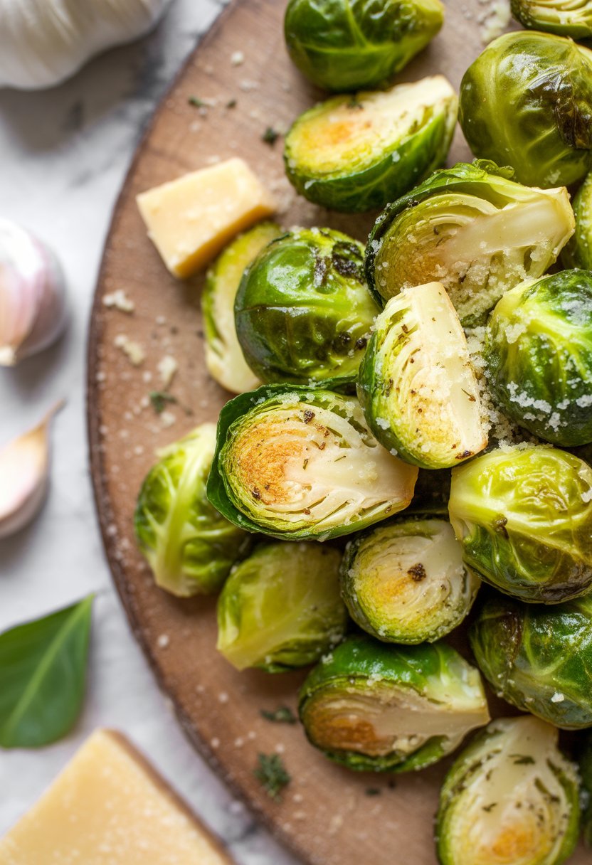 A plate of roasted Brussels sprouts topped with grated Parmesan cheese and garlic on a rustic surface.