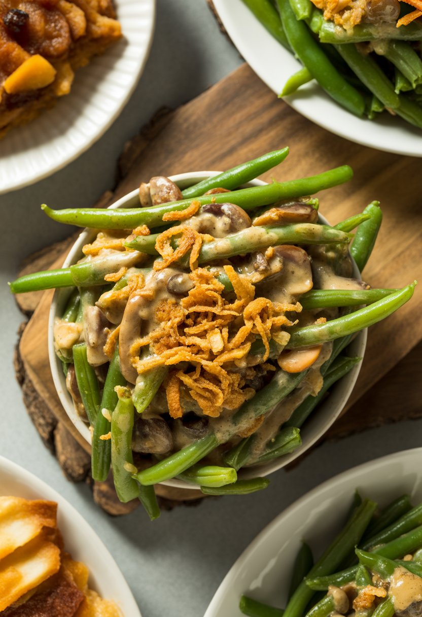 A classic green bean casserole served on a rustic surface with Christmas dinner side dishes around it.