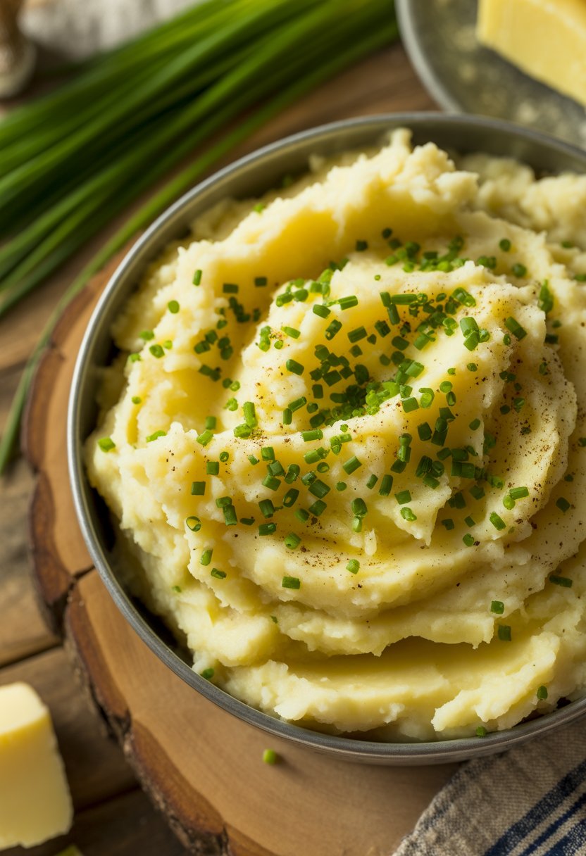A bowl of creamy mashed potatoes topped with chopped chives on a rustic wooden surface.