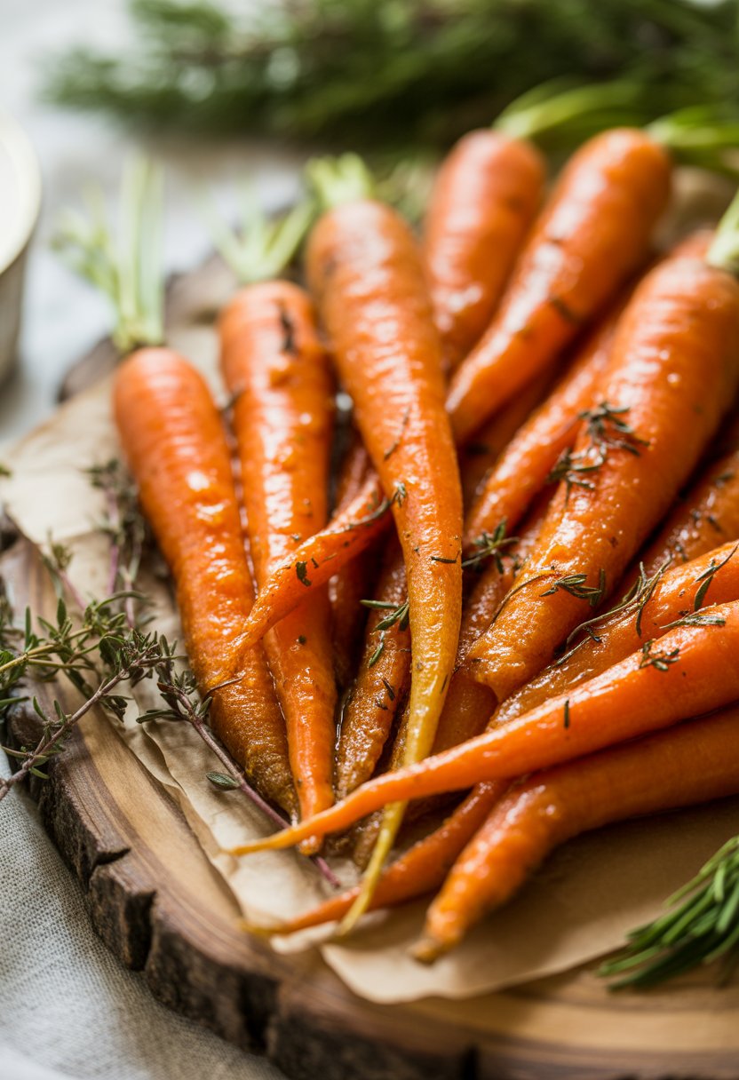 A plate of honey-glazed carrots garnished with fresh herbs on a rustic surface.