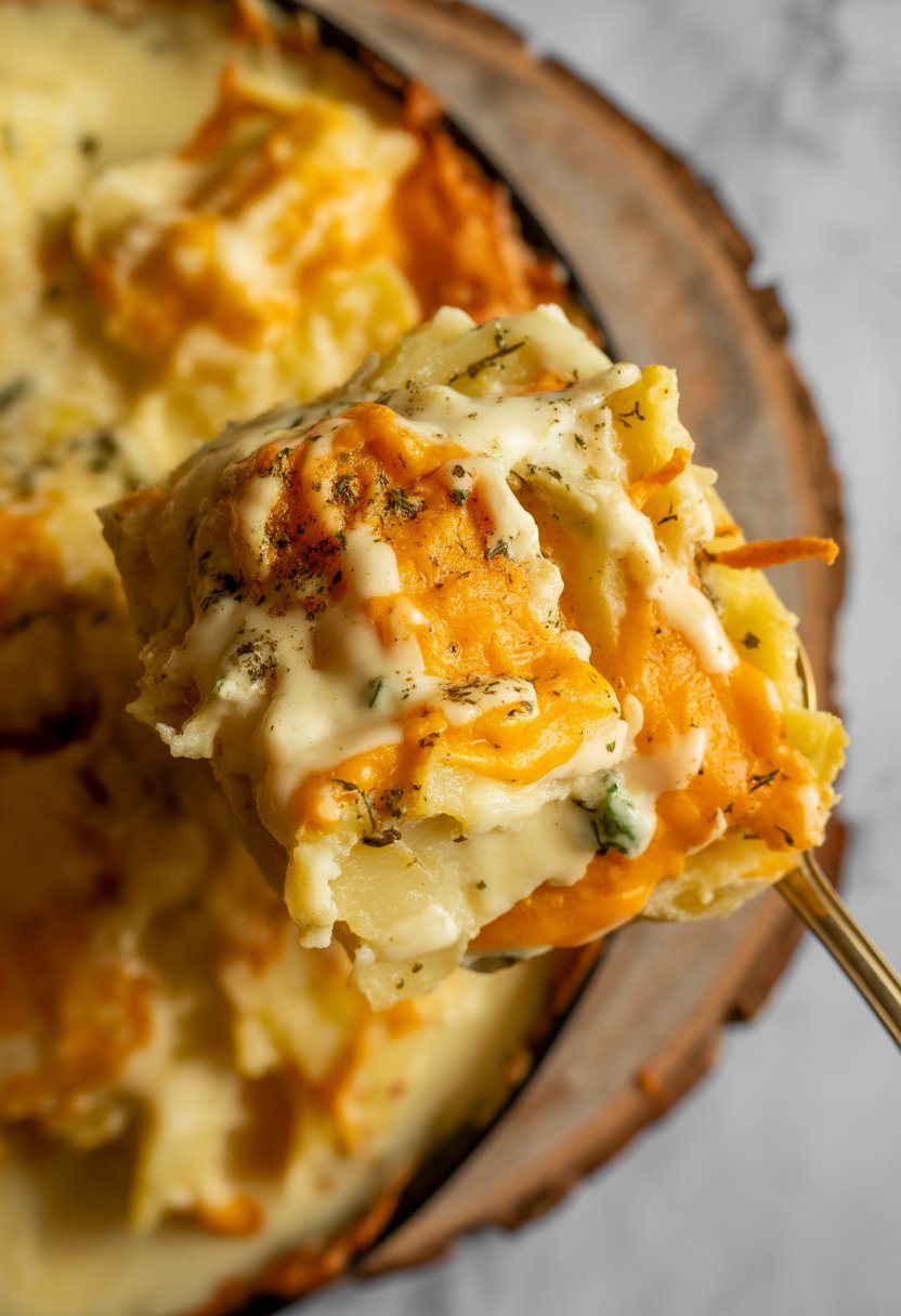 A plate of cheesy scalloped potatoes with melted cheese and herbs on a rustic surface.