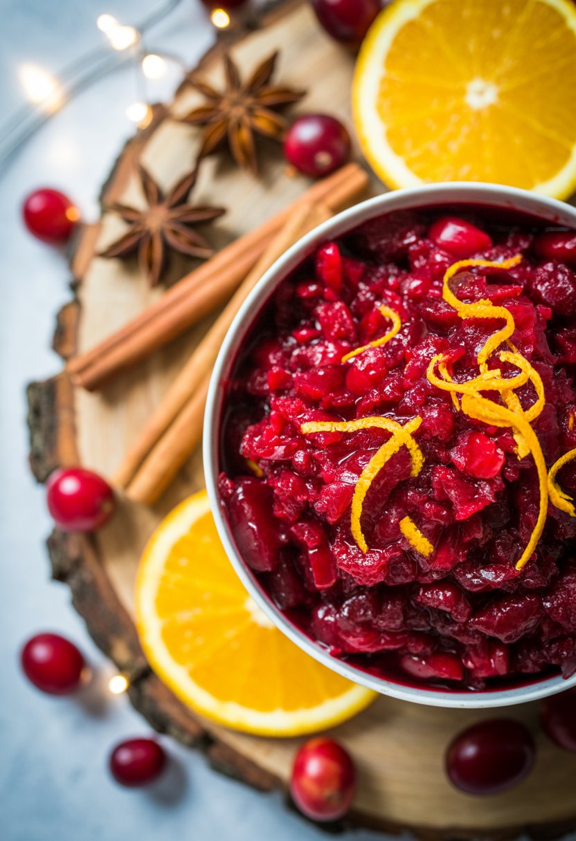 A bowl of cranberry sauce with orange zest surrounded by fresh cranberries, orange slices, and spices on a wooden surface.