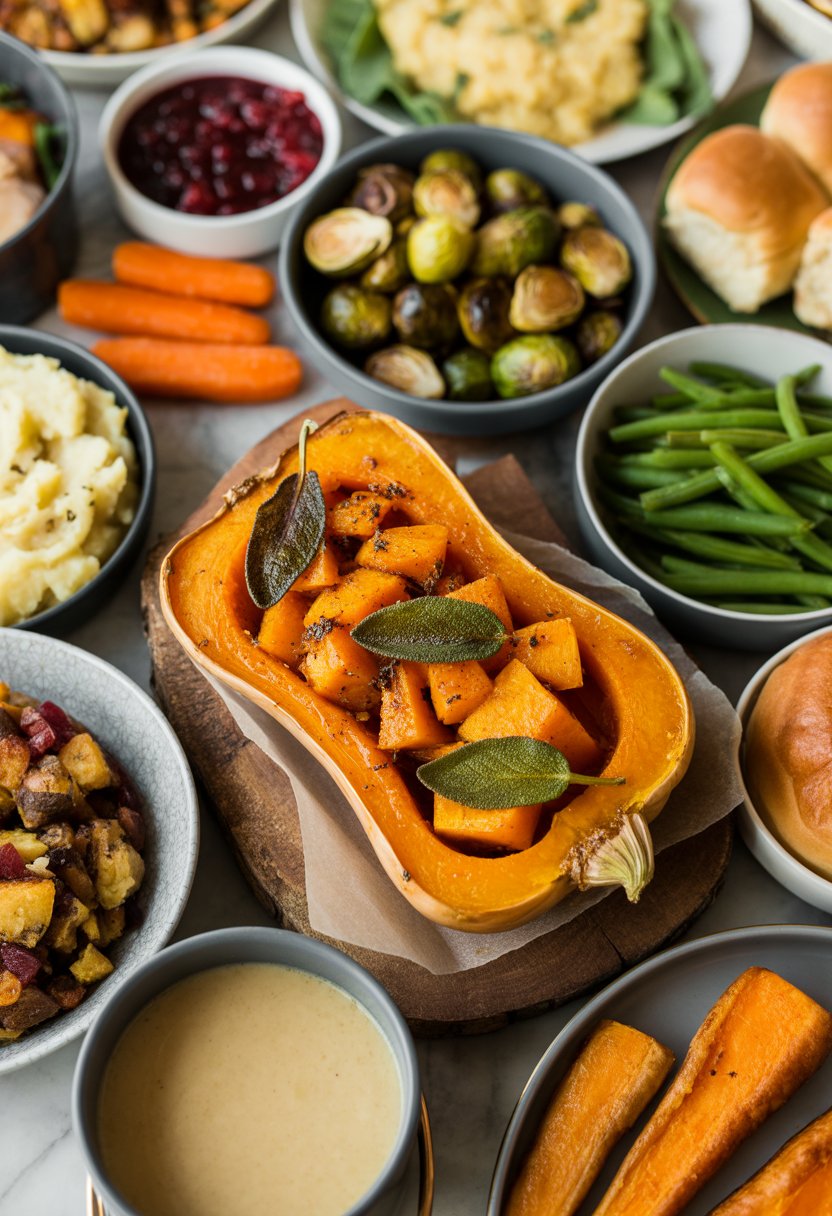 A festive Christmas dinner spread featuring roasted butternut squash with sage and ten other side dishes arranged on a rustic surface.