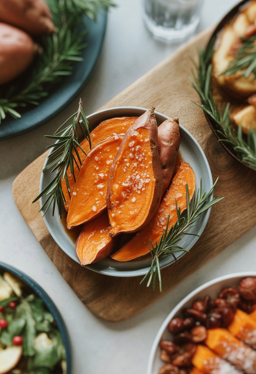 Plate of maple-glazed sweet potatoes garnished with rosemary on a rustic surface, surrounded by blurred Christmas dinner side dishes.