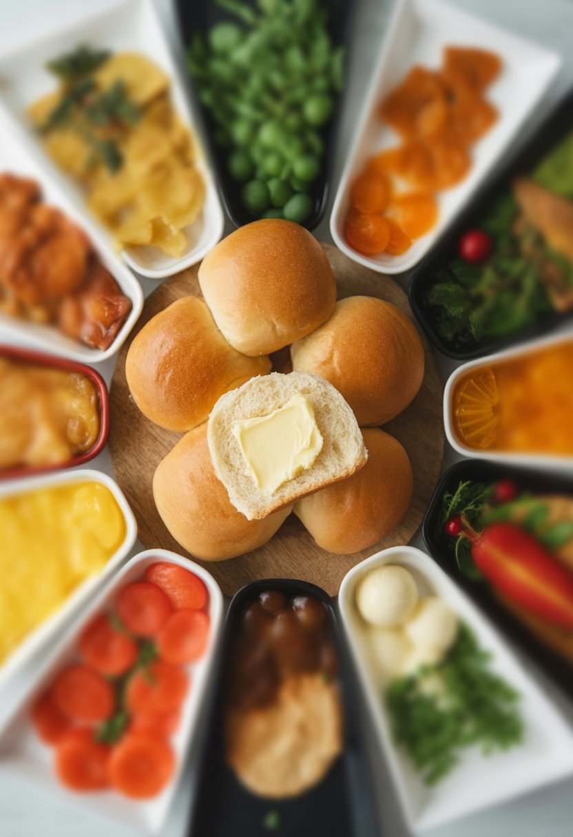 Warm dinner rolls with butter on a rustic wooden surface surrounded by fresh ingredients and side dishes.