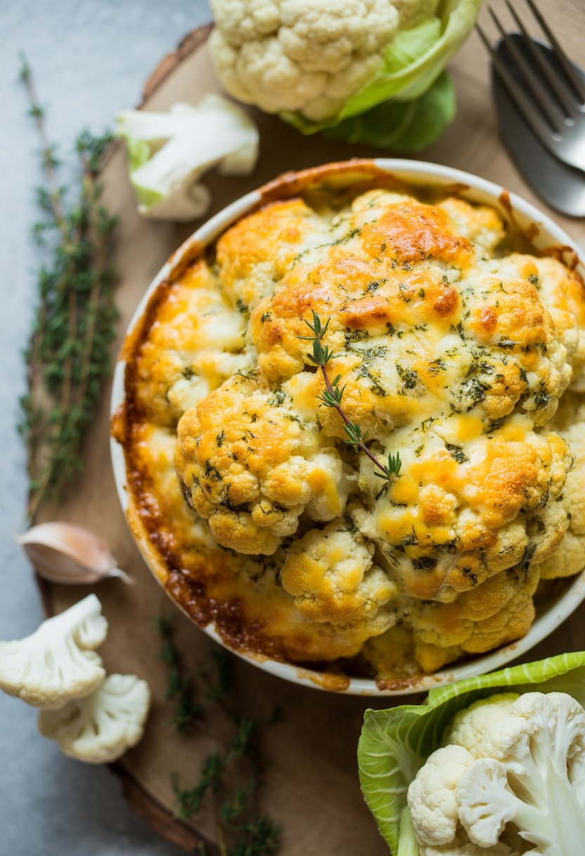 A golden cauliflower gratin dish on a rustic surface surrounded by fresh cauliflower and herbs.