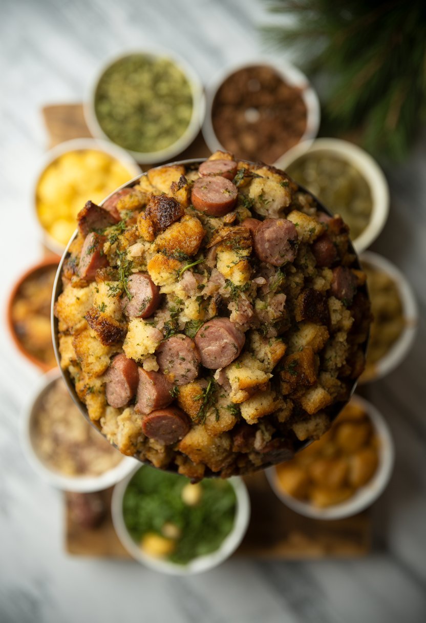 A close-up of herbed stuffing with sausage on a rustic surface, surrounded by other Christmas dinner side dishes.