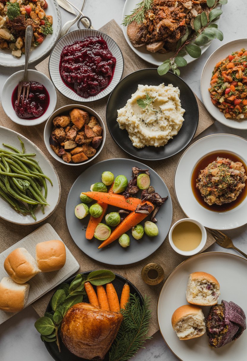 An overhead view of a Christmas dinner table with eleven side dishes and mains, featuring colorful vegetables, sauces, and bread on a rustic surface.