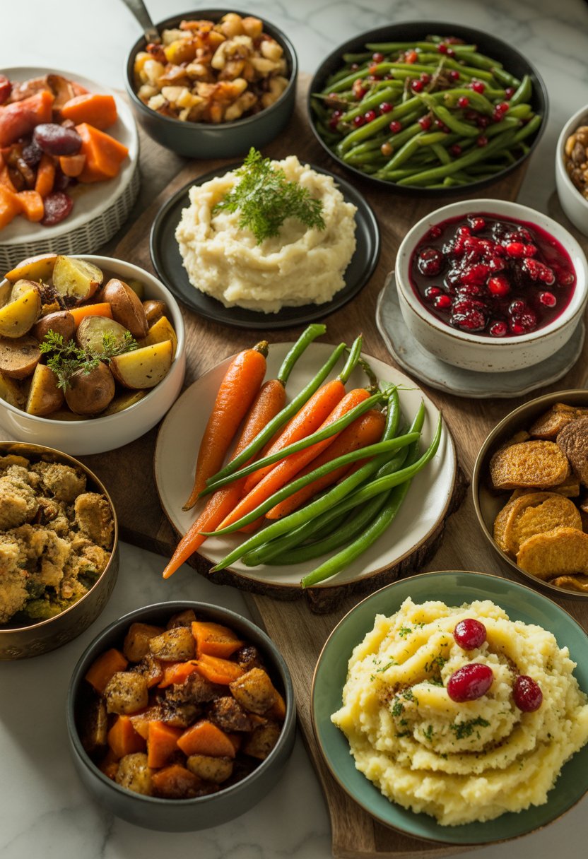 An overhead view of a variety of Christmas dinner side dishes arranged on a rustic surface, featuring colorful vegetables, mashed potatoes, cranberry sauce, stuffing, and other holiday foods.
