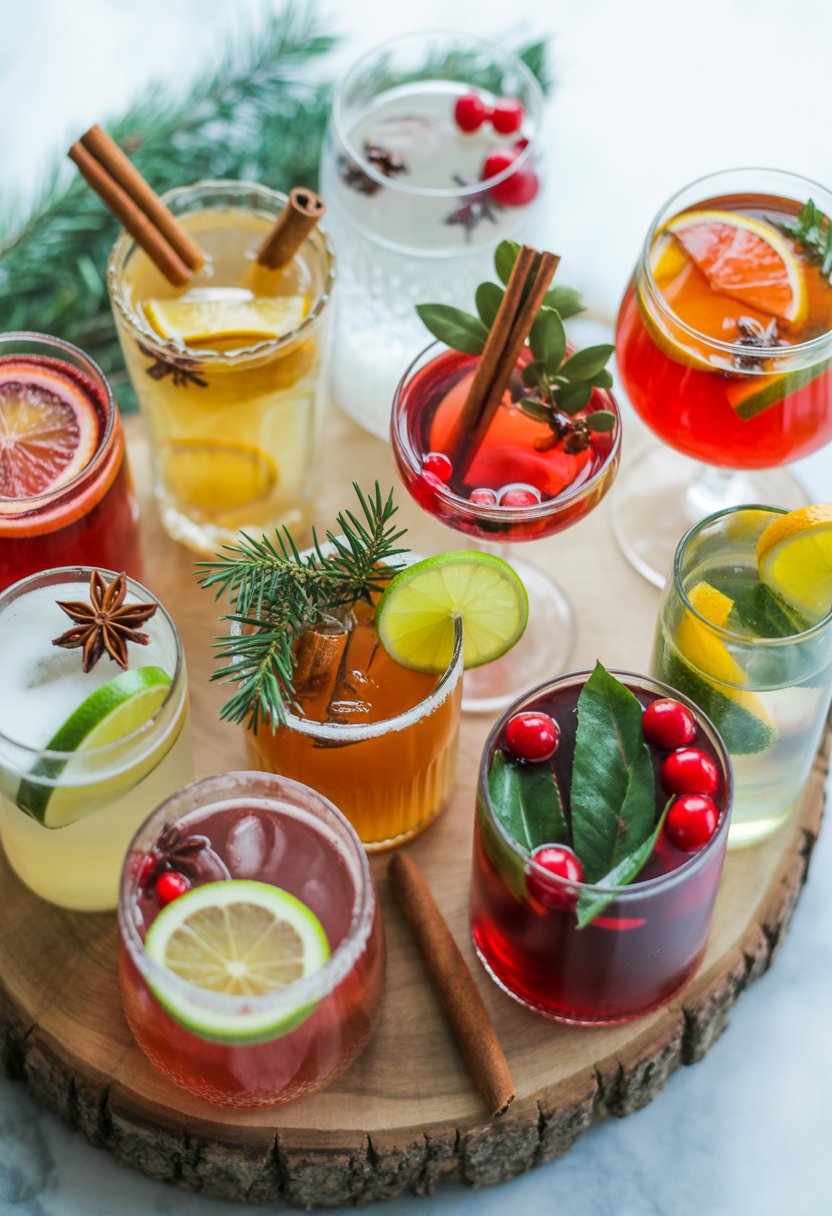 Ten colorful Christmas alcoholic drinks arranged on a rustic surface, each garnished with fresh herbs and festive ingredients.