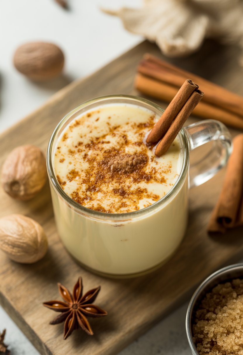 A glass of classic eggnog with rum on a wooden surface surrounded by cinnamon sticks, nutmeg, and brown sugar.