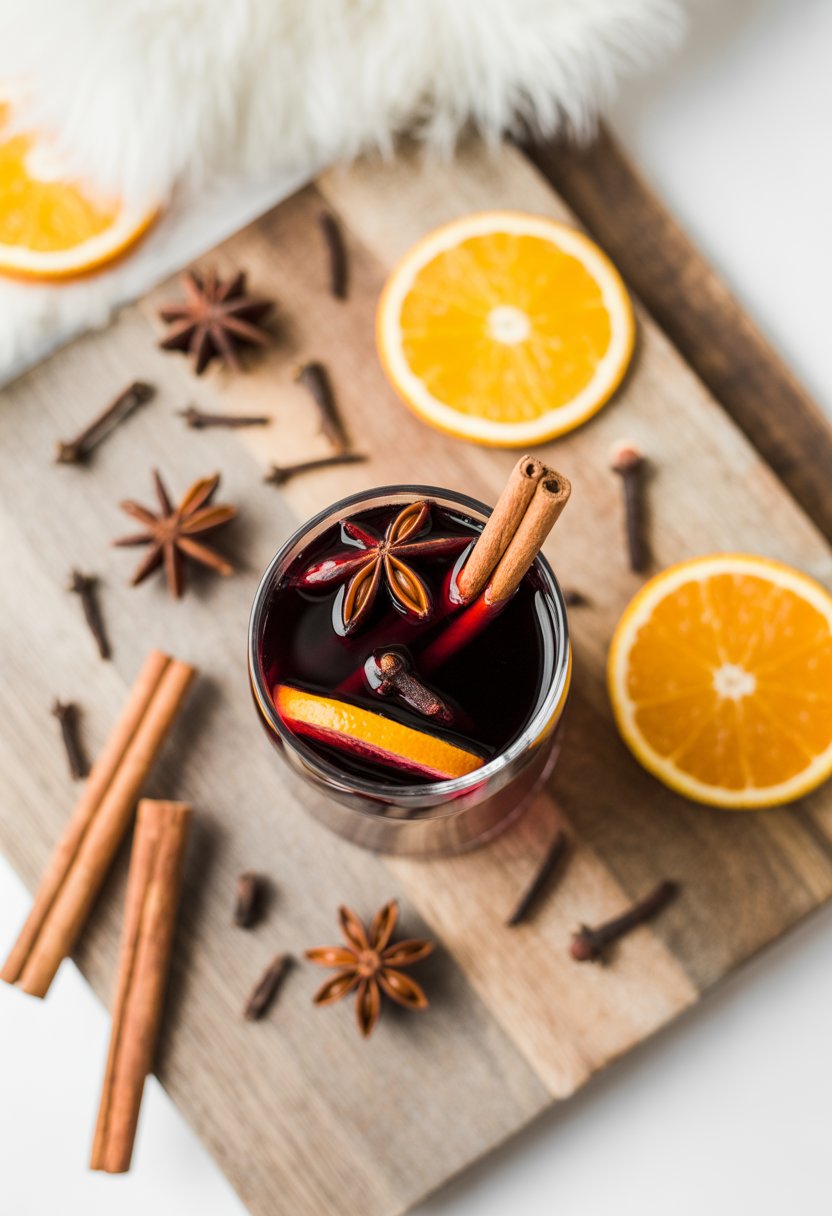 A glass of mulled wine with cinnamon sticks and cloves on a rustic wooden surface surrounded by fresh spices and orange slices.