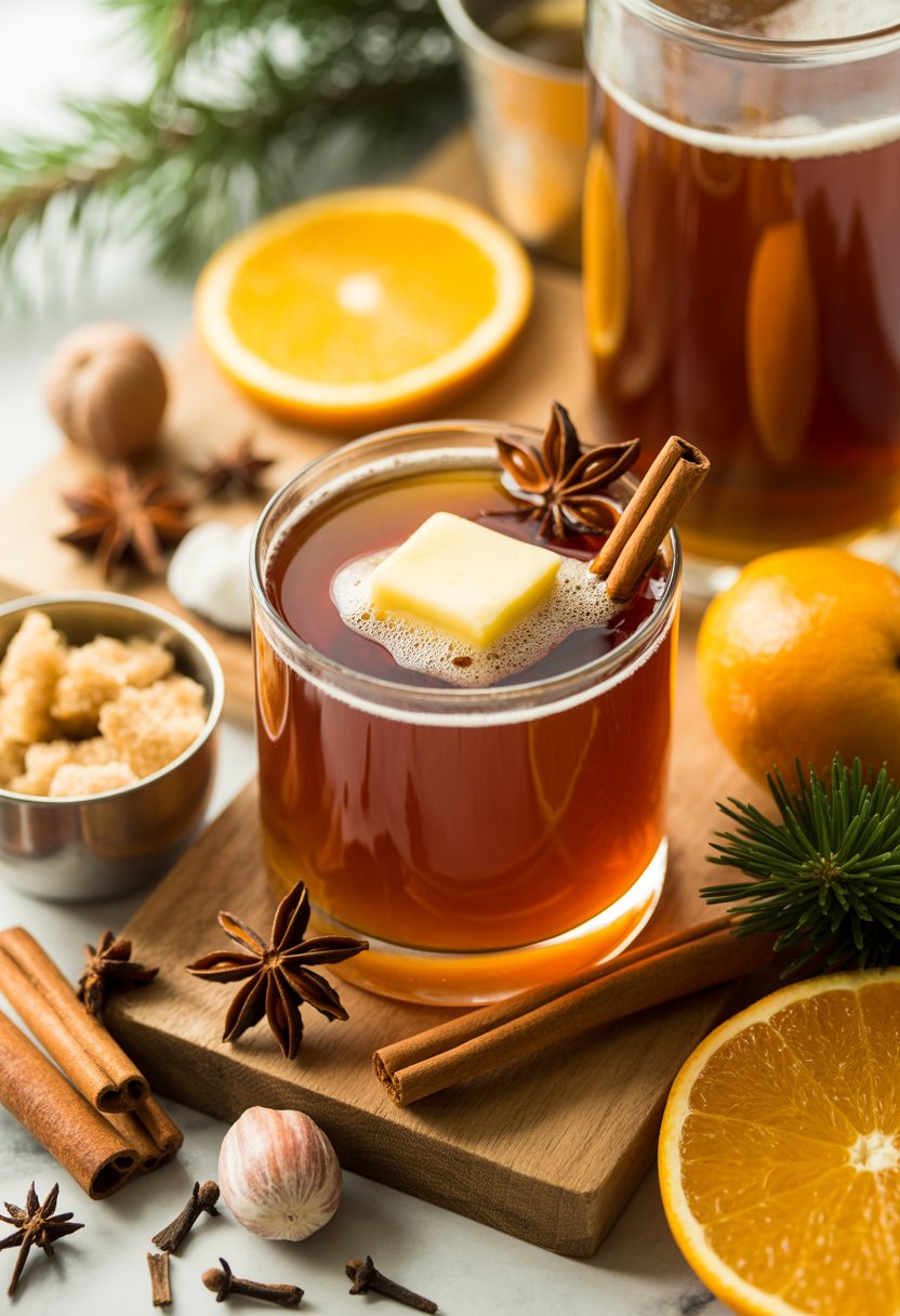 A glass of Hot Buttered Rum garnished with cinnamon and star anise on a wooden surface surrounded by spices and orange slices.