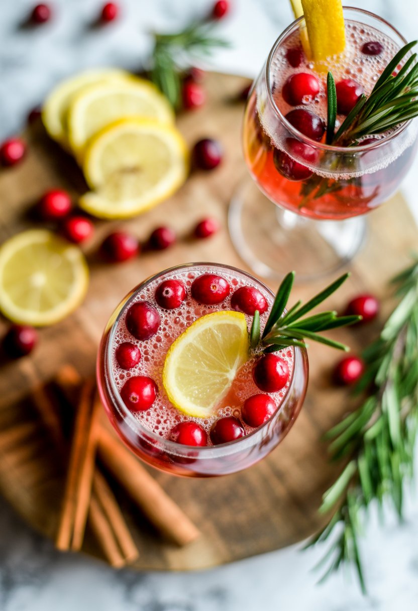 A glass of cranberry ginger mimosa surrounded by fresh cranberries, ginger slices, rosemary, and cinnamon sticks on a rustic wooden surface.