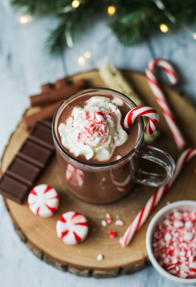 A glass mug of peppermint hot chocolate topped with whipped cream and crushed candy canes on a rustic surface, surrounded by peppermint sticks and chocolate shavings.