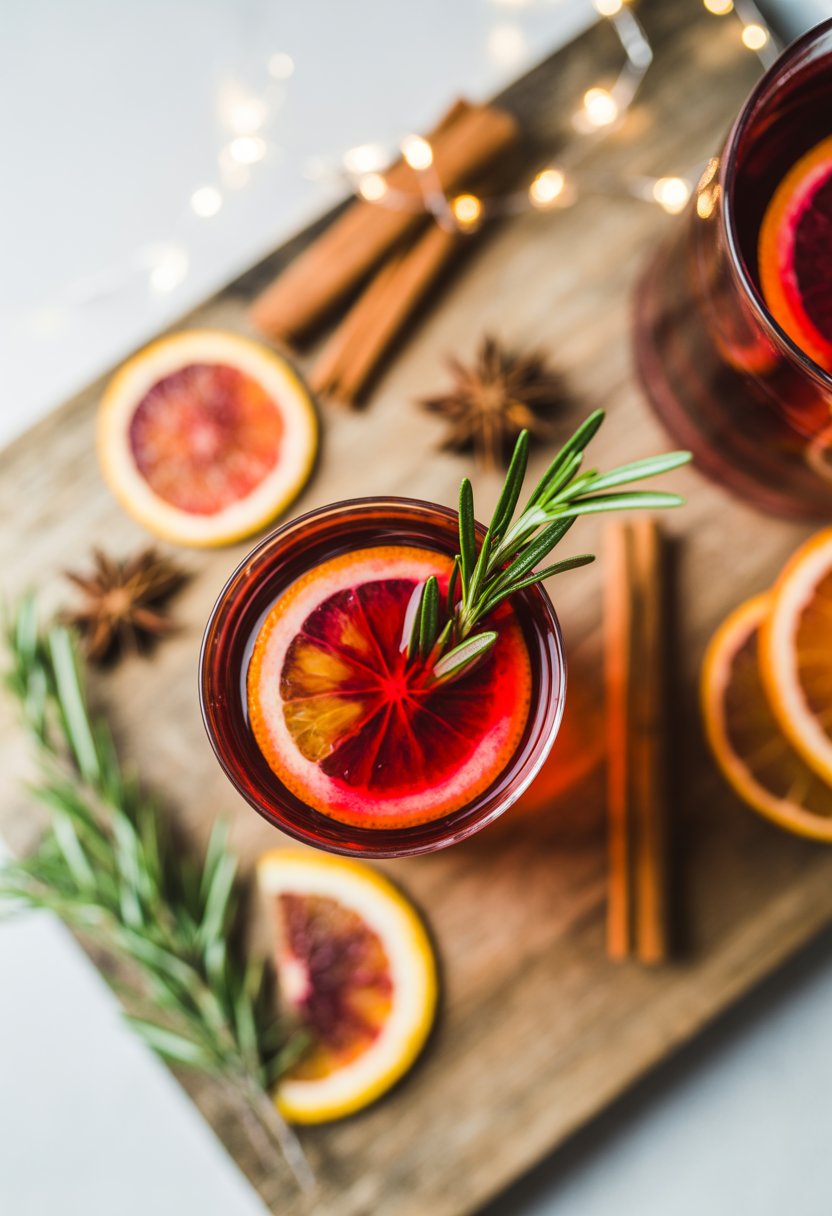 A Christmas Negroni cocktail garnished with rosemary on a rustic wooden surface surrounded by blood orange slices and spices.