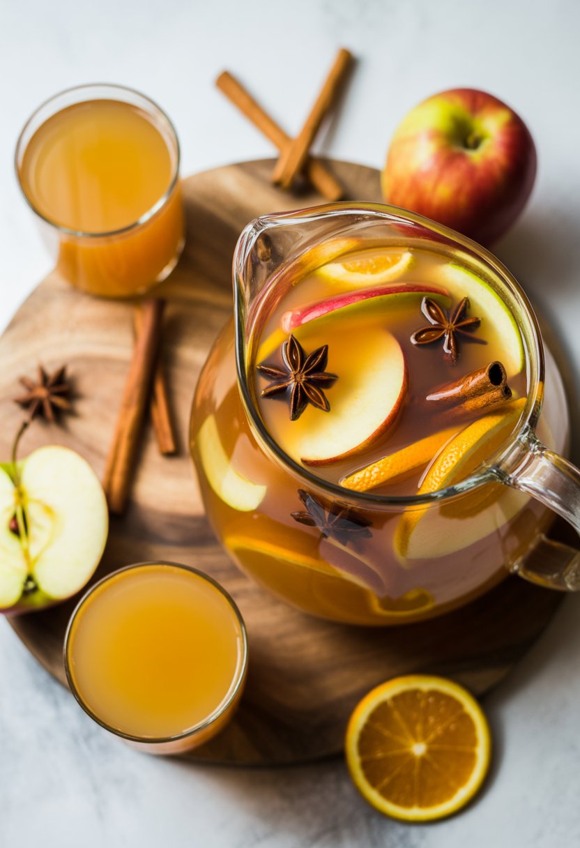 A glass pitcher and glasses of holiday spiced apple cider punch with fresh apple slices and spices on a wooden or marble surface surrounded by fresh ingredients.