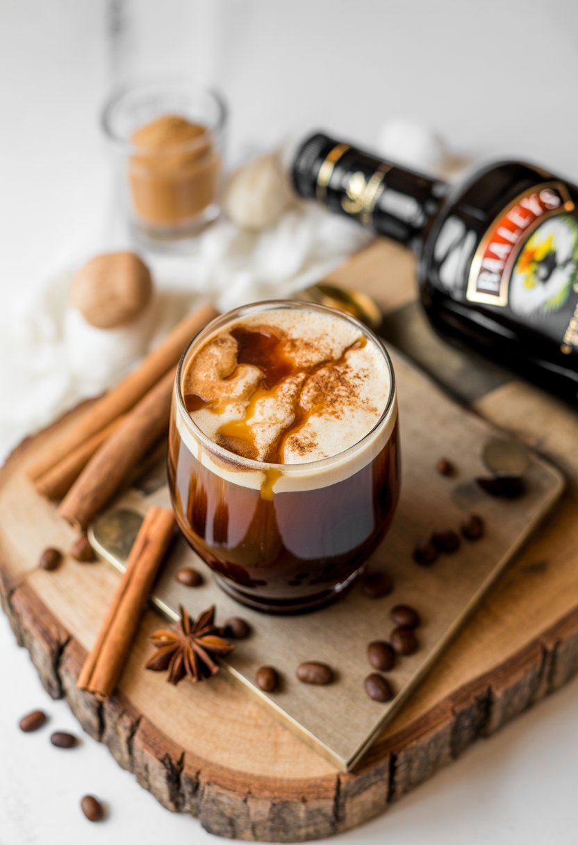 A glass of Irish Coffee with Baileys on a rustic wooden surface surrounded by coffee beans and spices.