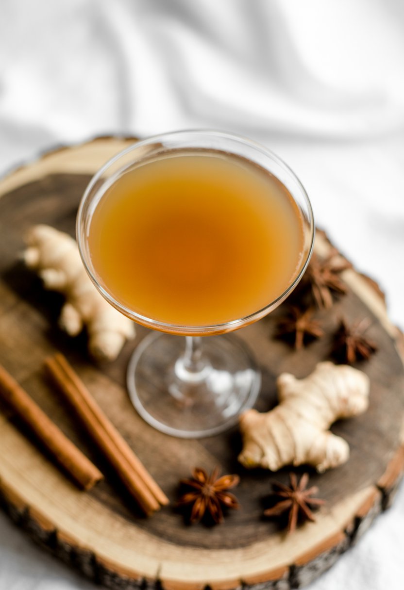 A Gingerbread Martini cocktail on a wooden surface surrounded by cinnamon sticks, star anise, and ginger root.
