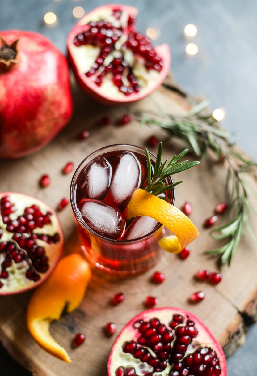 A glass of pomegranate bourbon cocktail on a rustic wooden surface surrounded by fresh pomegranate seeds and a halved pomegranate.