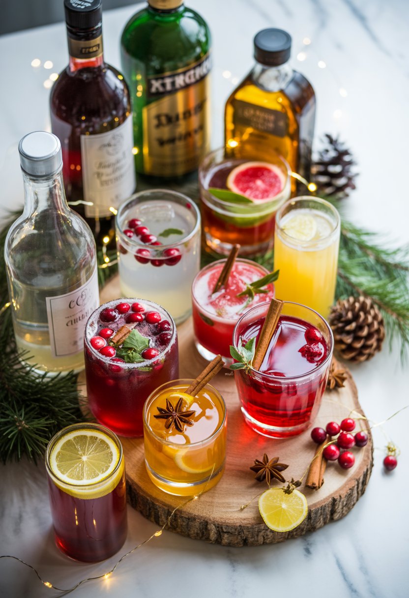 A top or angled view of colorful Christmas drinks with fresh ingredients and alcohol bottles arranged on a rustic wooden or marble surface surrounded by holiday decorations.