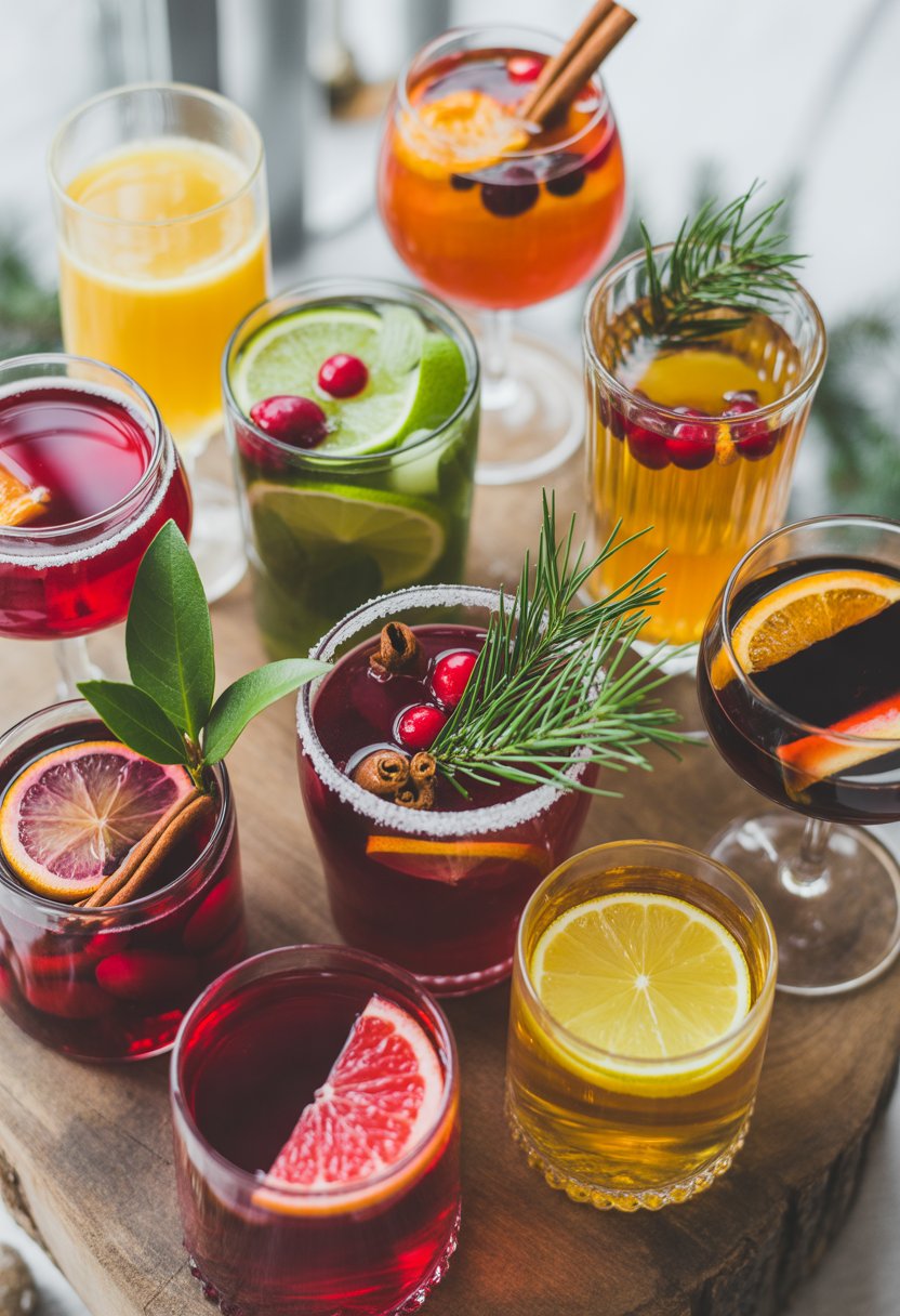 Top-down view of ten colorful Christmas alcoholic drinks on a wooden or marble surface with fresh garnishes and festive ingredients.